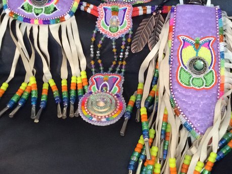 Regalia, beadwork, mossbags, bonnet